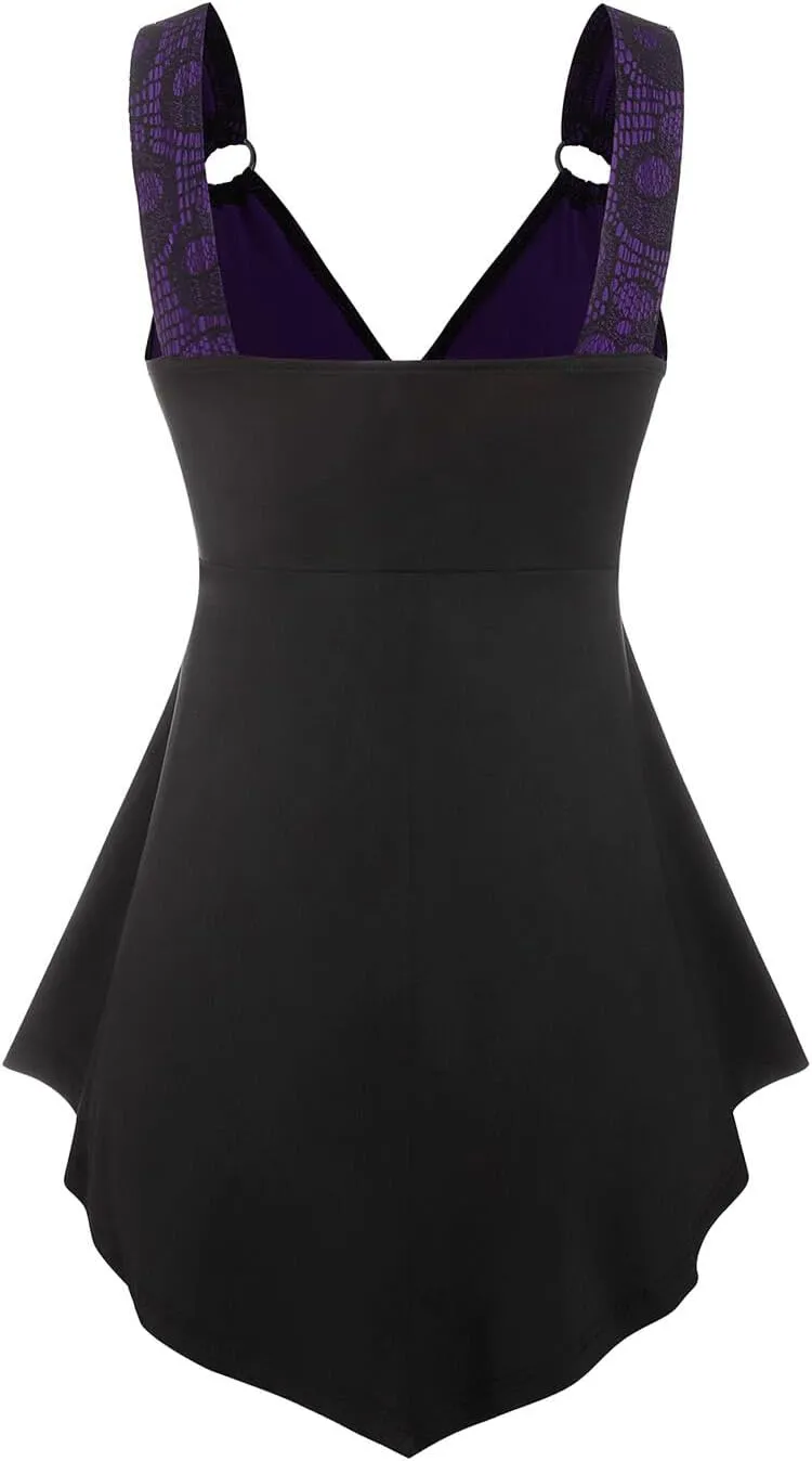 DRESSFO Women Tank Tops Casual Summer Tops Plaid Ruffled Cold Shoulder T Shirt Sexy Strap V Neck Sleeveless Gothic Tank Top