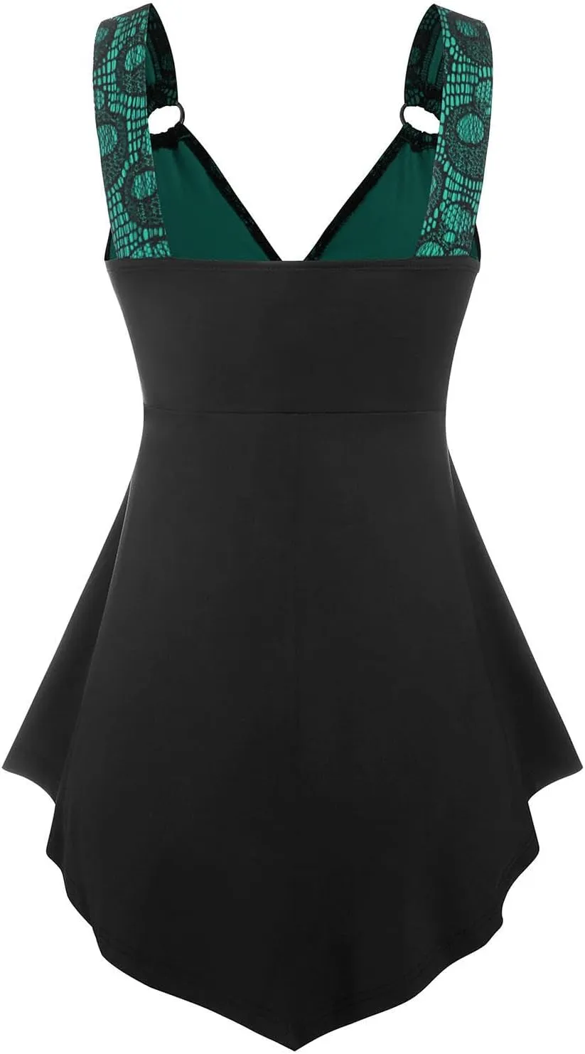 DRESSFO Women Tank Tops Casual Summer Tops Plaid Ruffled Cold Shoulder T Shirt Sexy Strap V Neck Sleeveless Gothic Tank Top