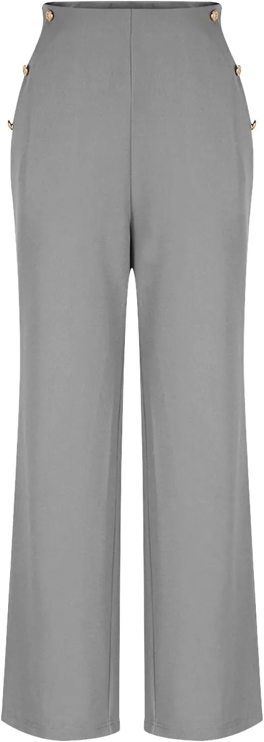 Dressy Work Pants for Women Stretchy Button Side High Waist Business Office Casual Straight Leg Trousers with Pockets