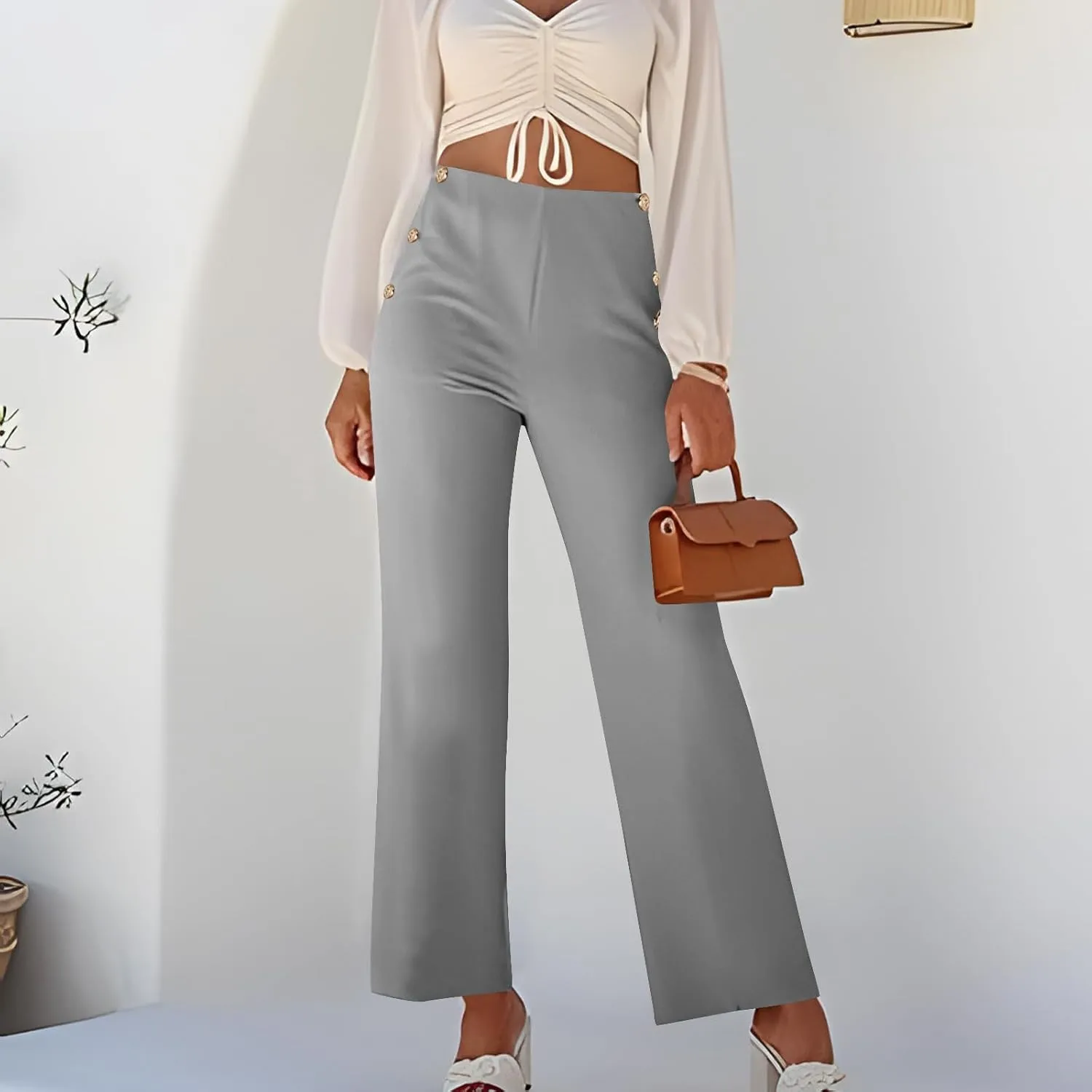 Dressy Work Pants for Women Stretchy Button Side High Waist Business Office Casual Straight Leg Trousers with Pockets