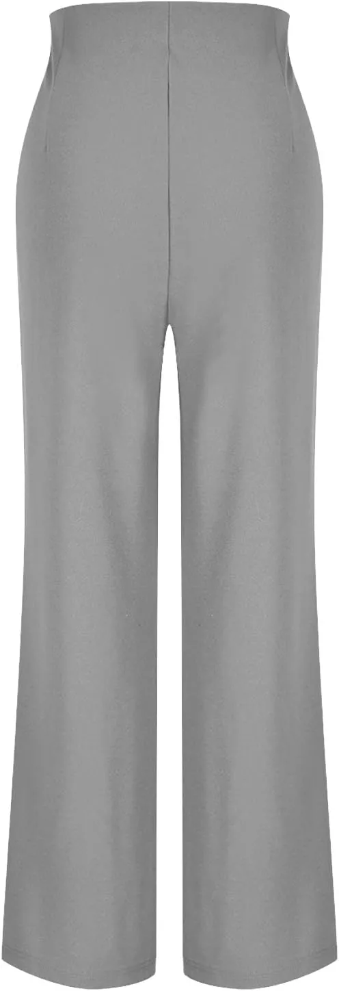 Dressy Work Pants for Women Stretchy Button Side High Waist Business Office Casual Straight Leg Trousers with Pockets