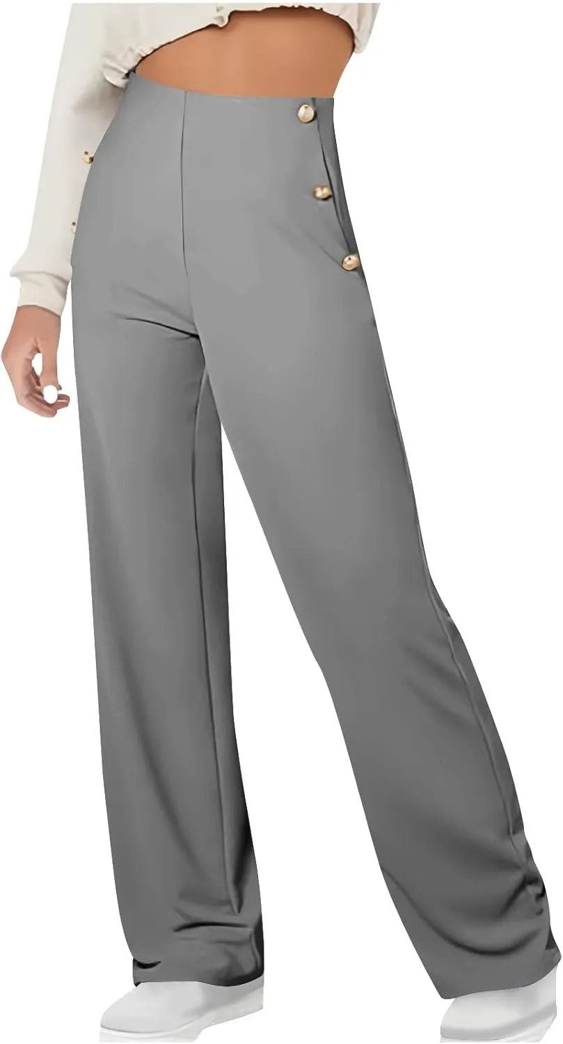 Dressy Work Pants for Women Stretchy Button Side High Waist Business Office Casual Straight Leg Trousers with Pockets