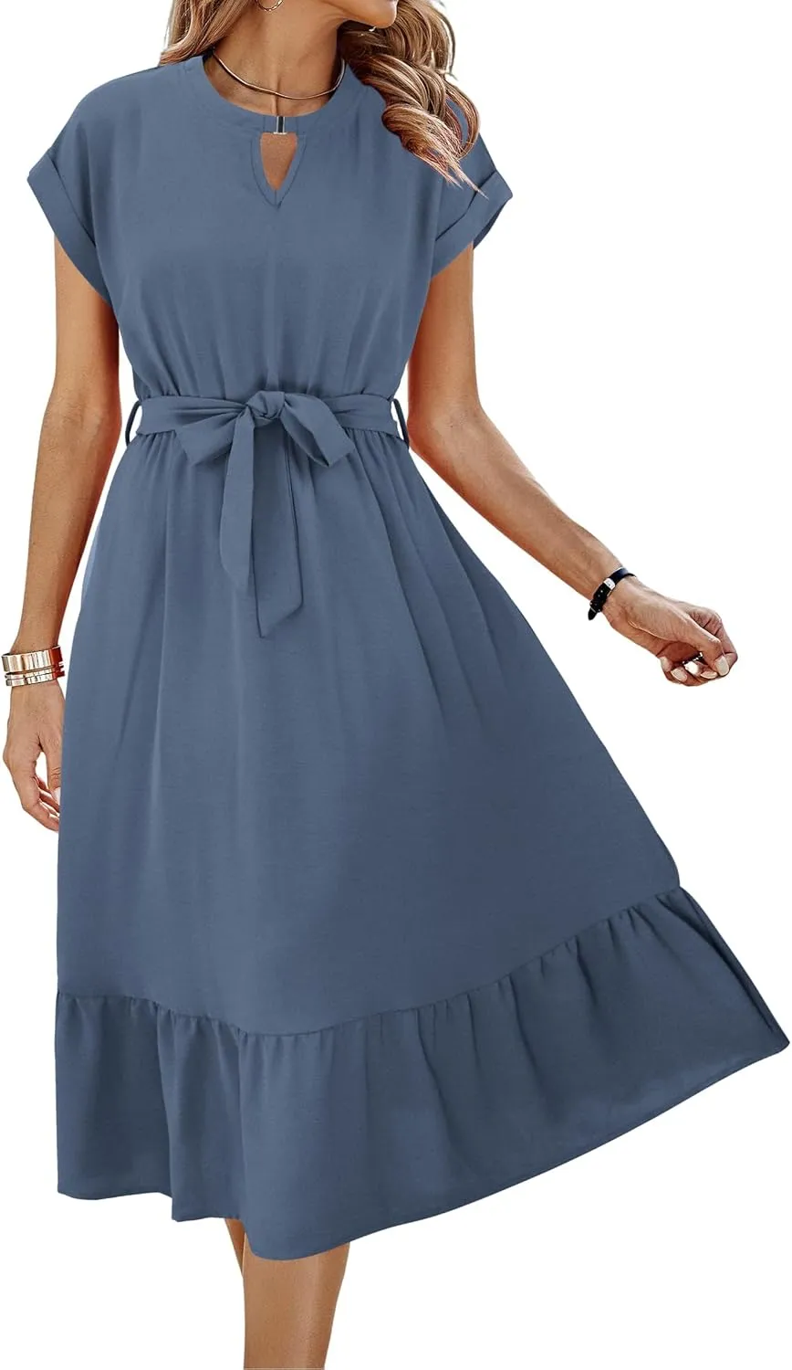 ECOWISH Womens Casual Midi Dresses Solid V Neck Short Sleeve Button Shirt Belted Dress with Pockets for Spring Summer 2025