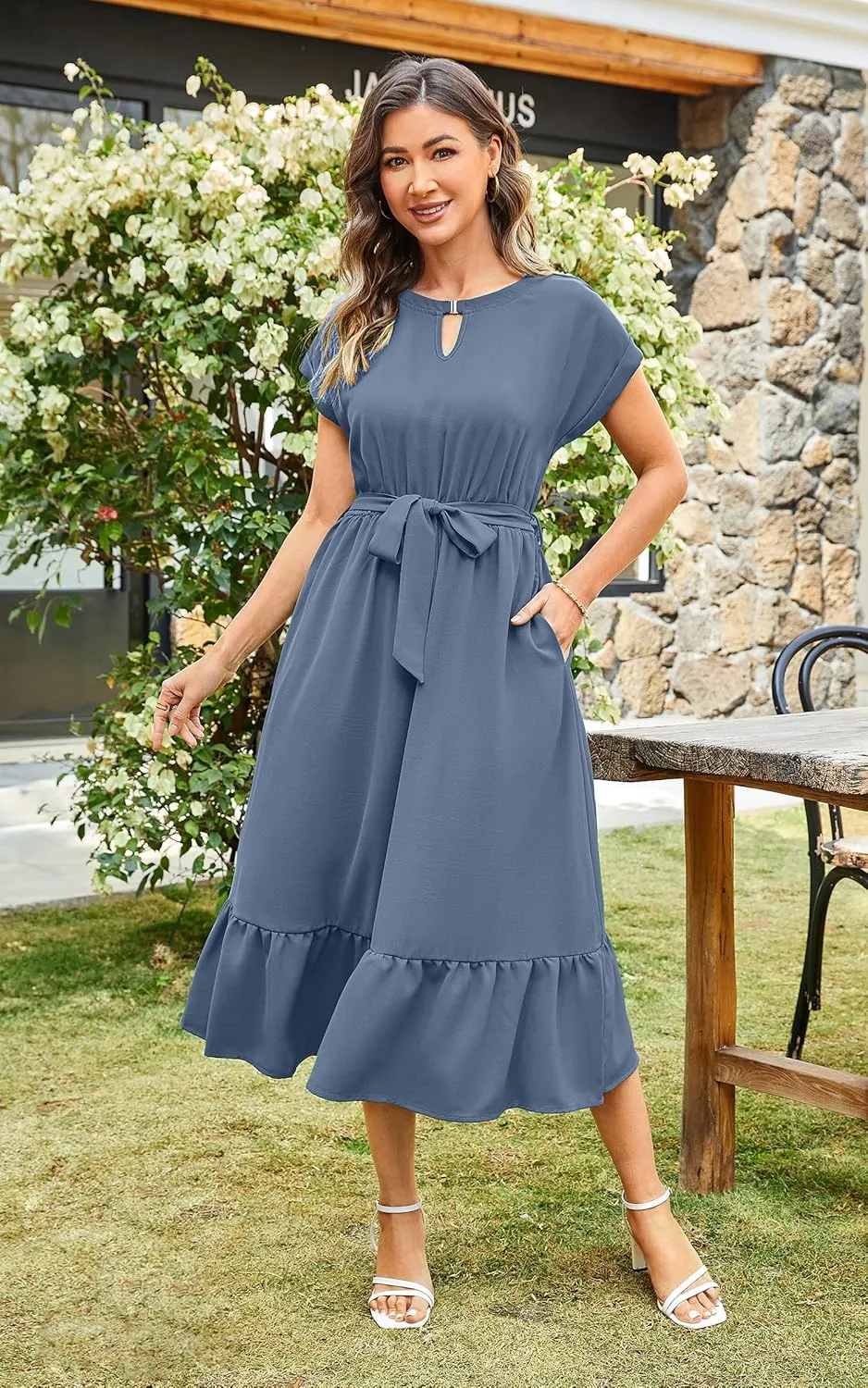 ECOWISH Womens Casual Midi Dresses Solid V Neck Short Sleeve Button Shirt Belted Dress with Pockets for Spring Summer 2025