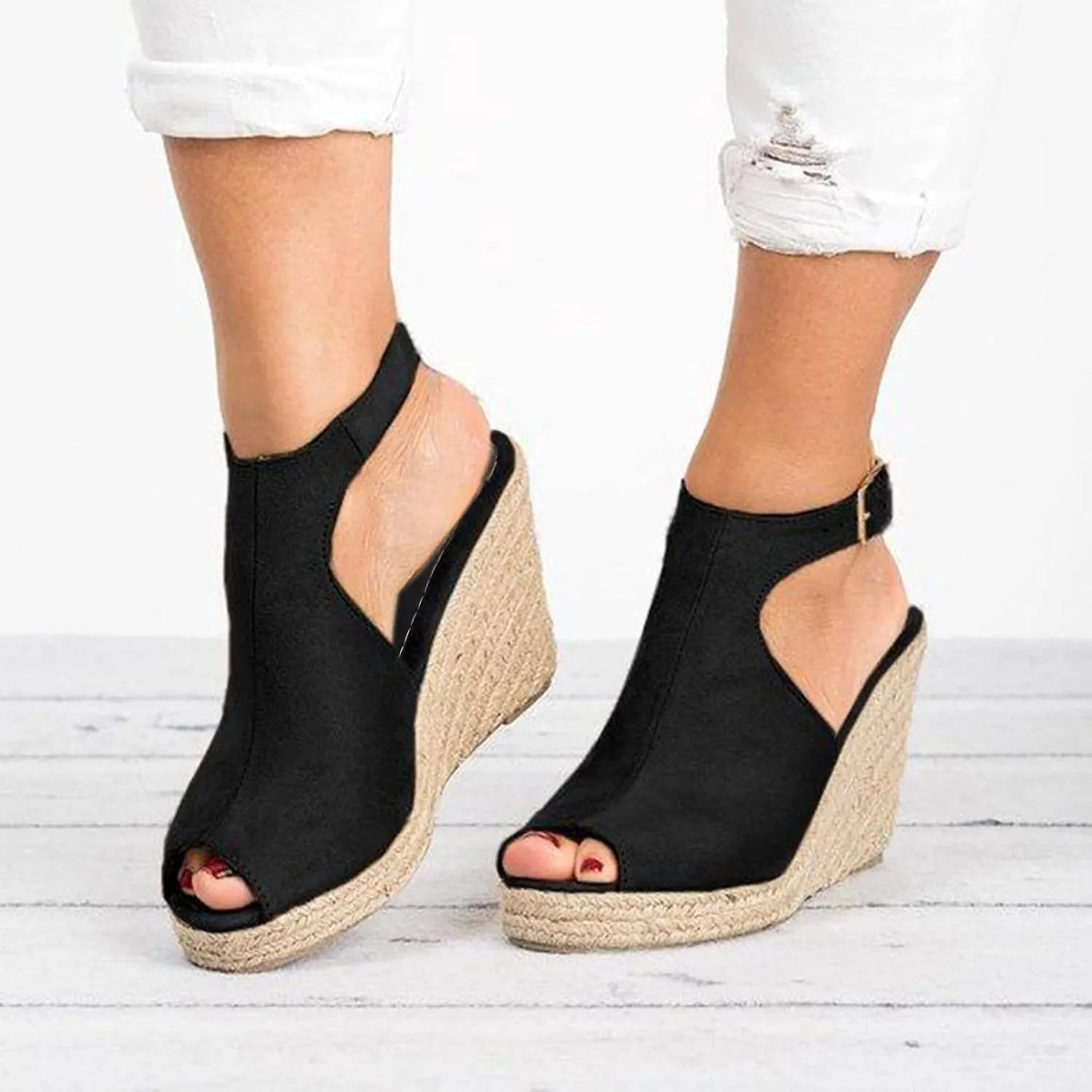 Eduavar Womens Sandals Summer Fashion Dressy Wedge Sandals Comfortable Open Toe Buckle Ankle Strap Platform Casual Shoes
