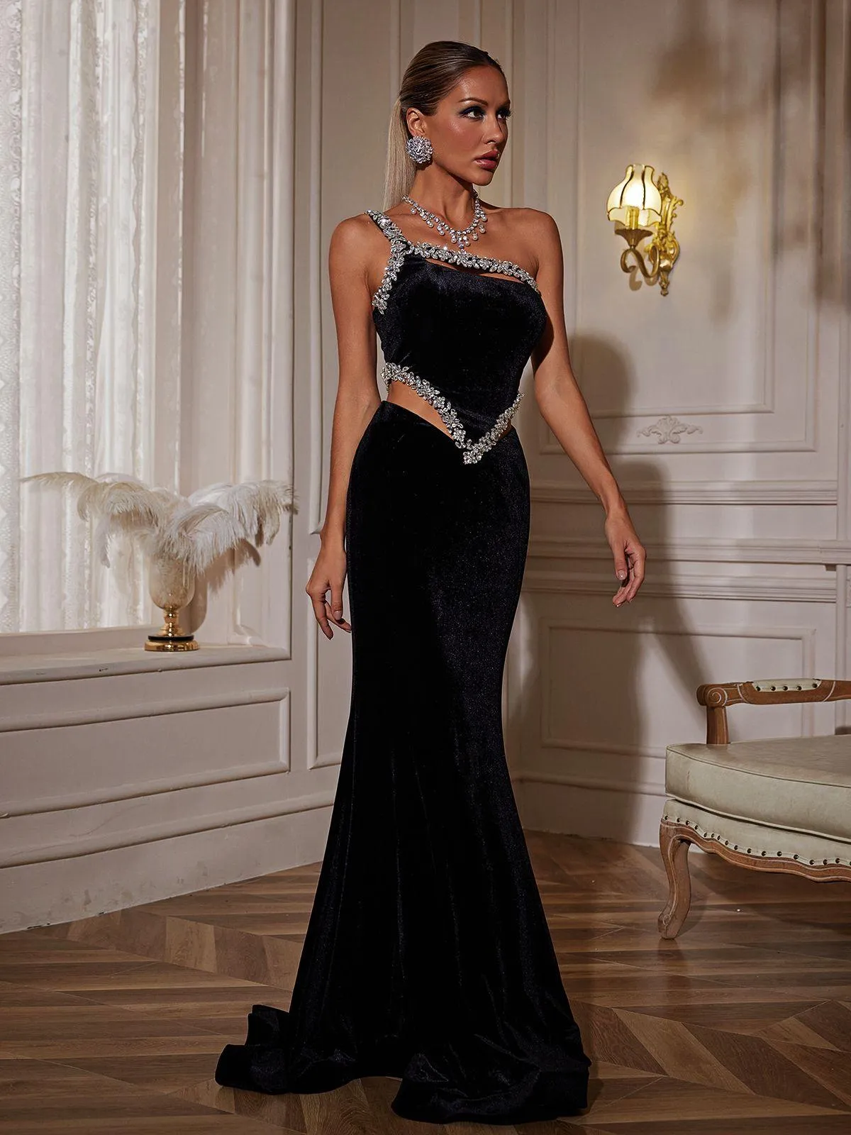Elissa Floral Crystal Cutout Velvet Mermaid Maxi Dress