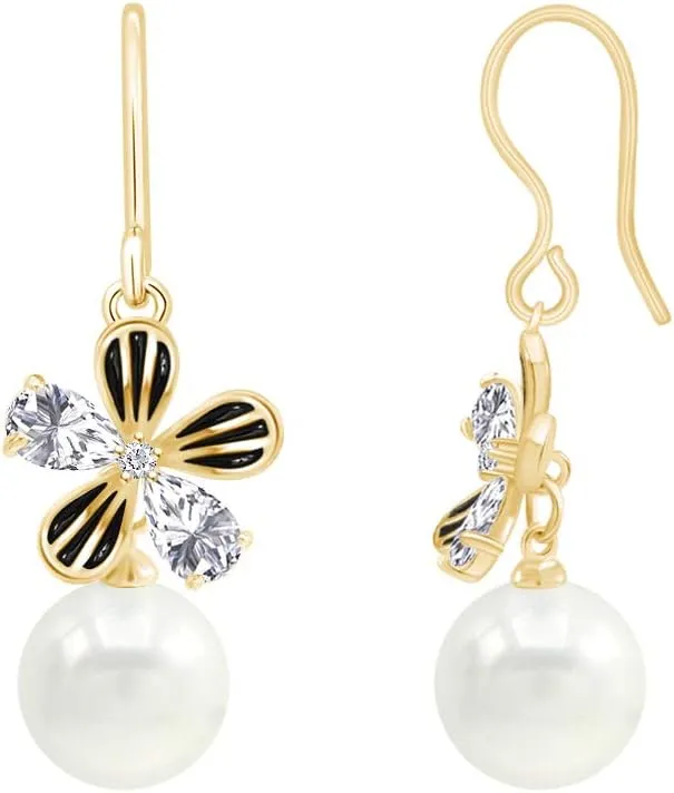 Enamel Flower Shell Pearl 8mm Drop Dangle Earrings 14K Gold Plated 925 Sterling Silver