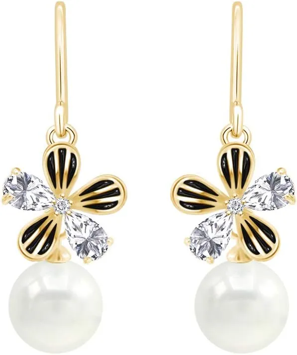 Enamel Flower Shell Pearl 8mm Drop Dangle Earrings 14K Gold Plated 925 Sterling Silver