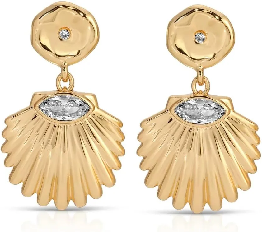 Ettika Drop Earrings For Women. Womens Gold Earring, Santorini Shell Drop Earring. 18K Gold Plated and Crystals. Jewelry
