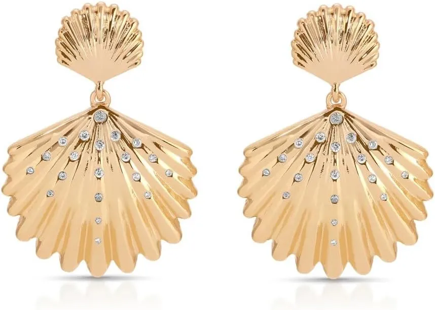 Ettika Drop Earrings For Women. Womens Gold Earring, Sun-drenched Shell Earrings. 18K Gold Plated and Crystals. Jewelry