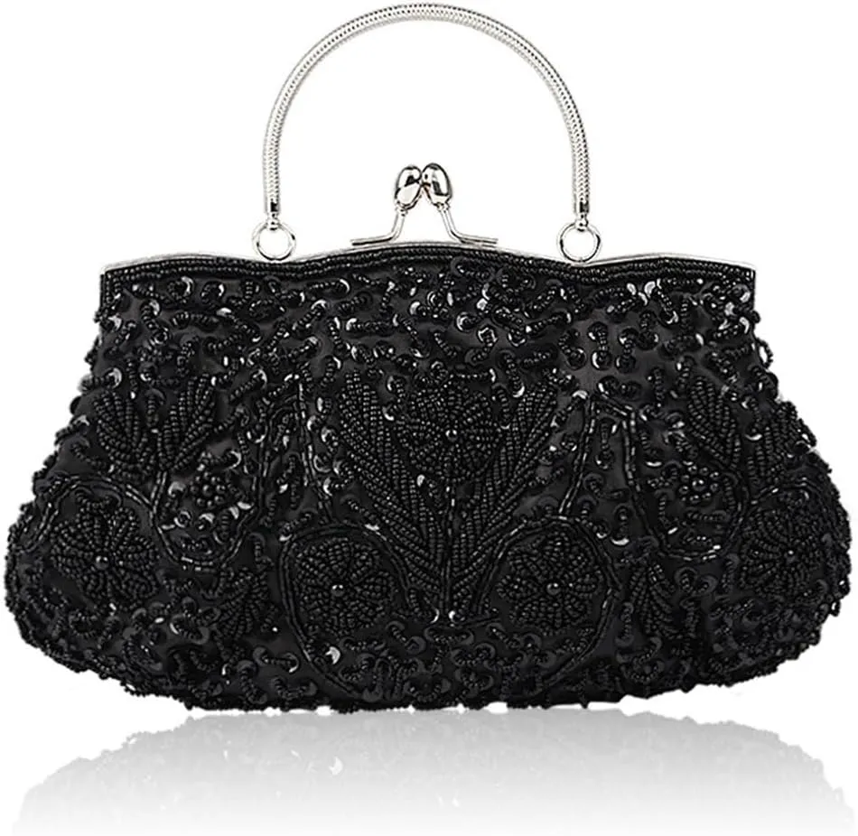 Evening Bag Womens Vintage Floral Beaded Rhinestone Embroidery Clutch Purse Evening Handbag Shoulder Bag for Wedding Party