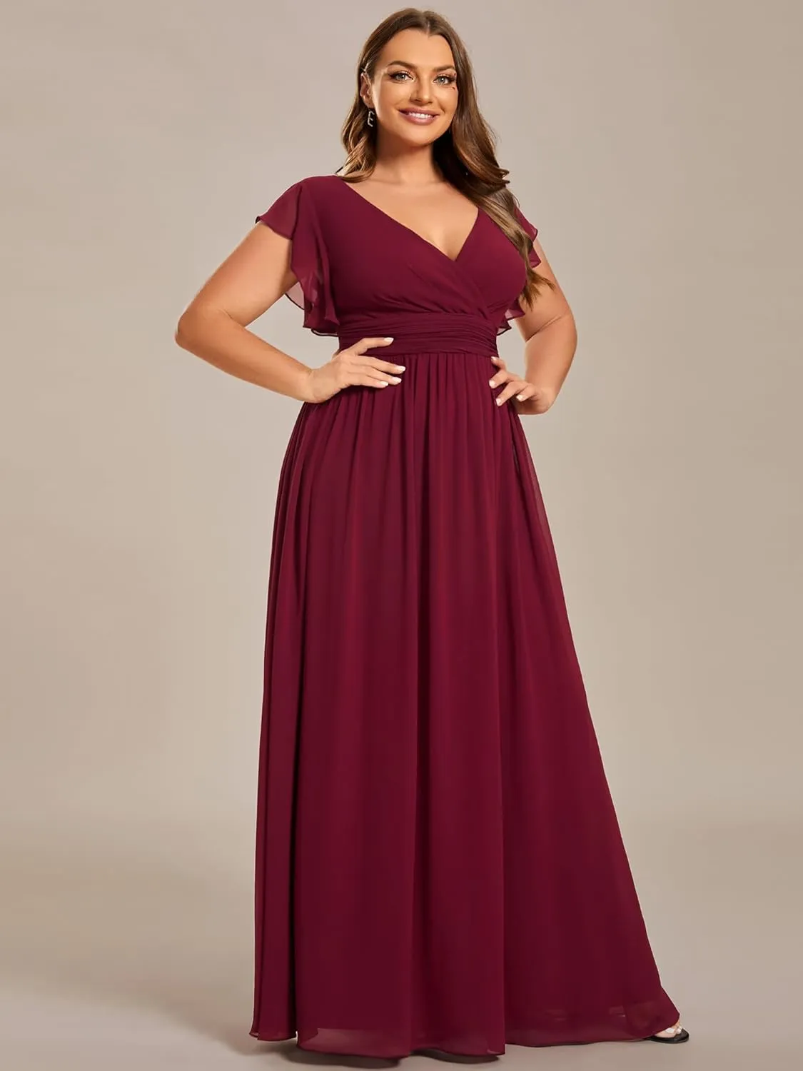 Ever-Pretty Plus Women's Summer Chiffon Ruffles Sleeve Pleated Back Cutout Plus Size Bridesmaid Dresses Formal Gowns