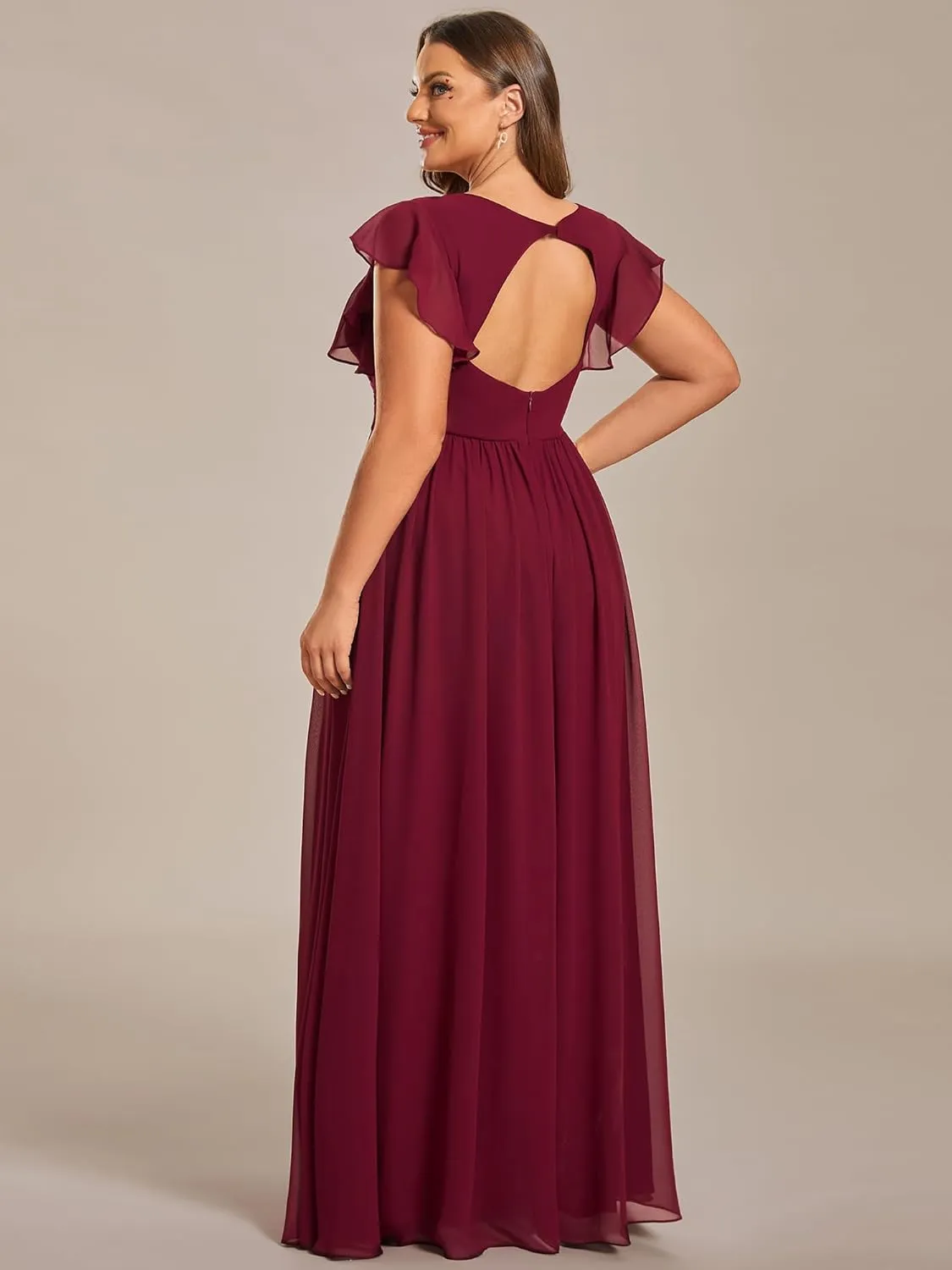 Ever-Pretty Plus Women's Summer Chiffon Ruffles Sleeve Pleated Back Cutout Plus Size Bridesmaid Dresses Formal Gowns