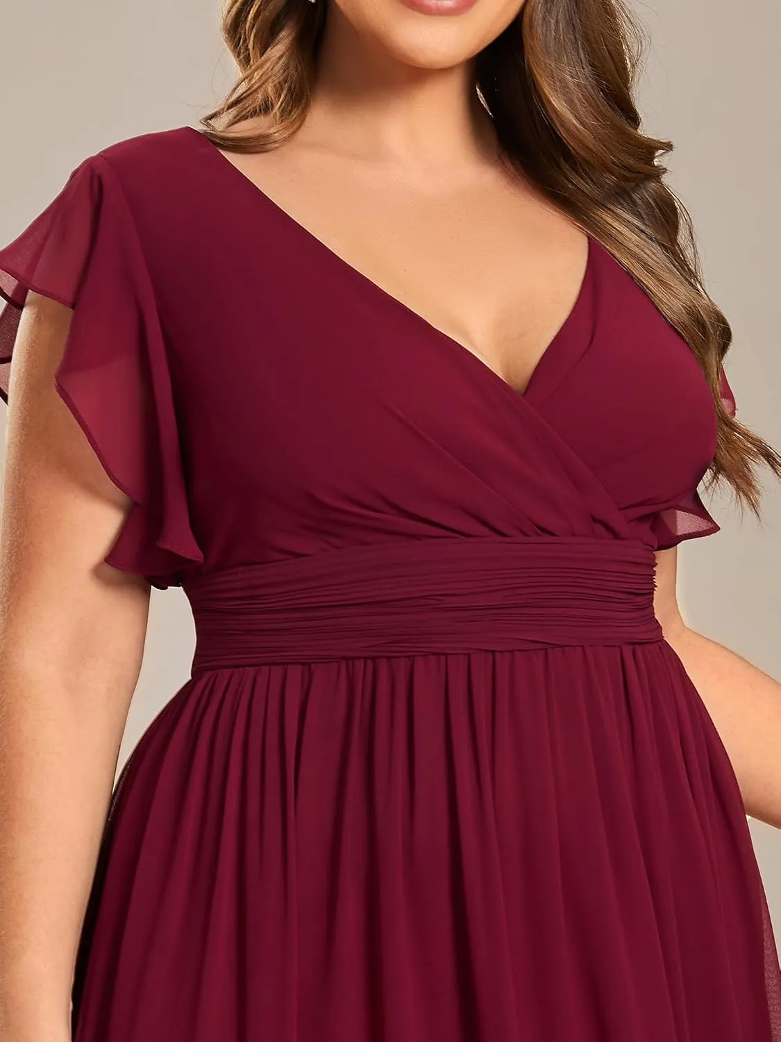 Ever-Pretty Plus Women's Summer Chiffon Ruffles Sleeve Pleated Back Cutout Plus Size Bridesmaid Dresses Formal Gowns