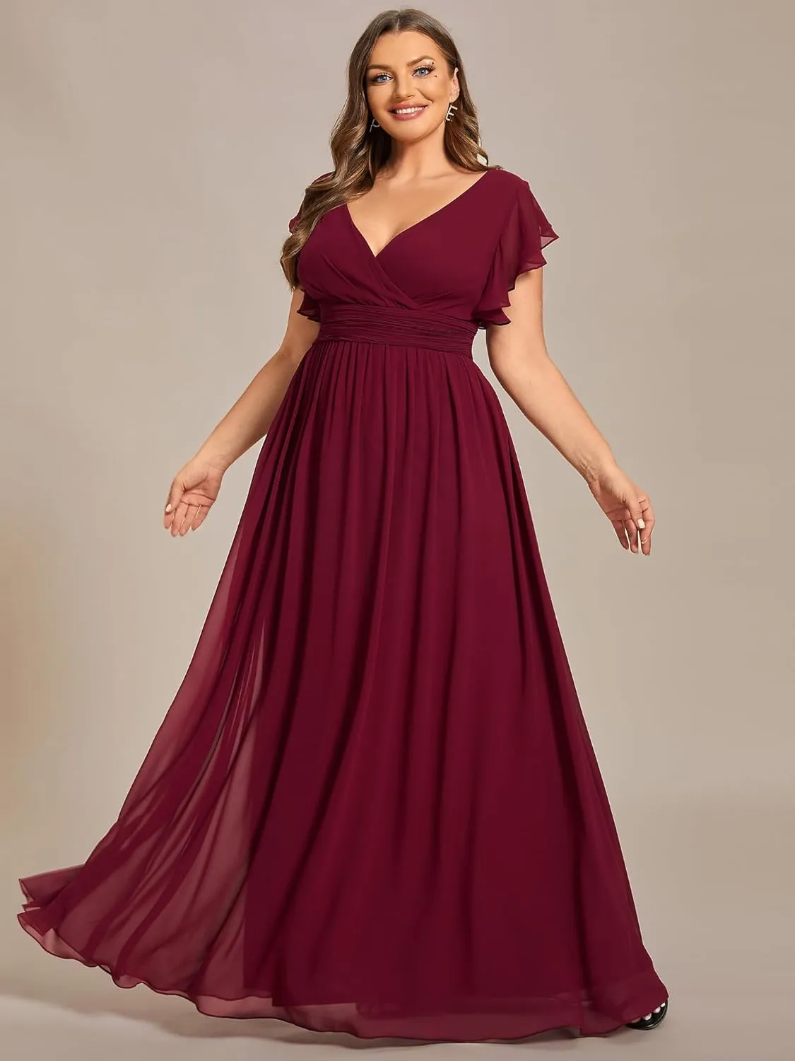 Ever-Pretty Plus Women's Summer Chiffon Ruffles Sleeve Pleated Back Cutout Plus Size Bridesmaid Dresses Formal Gowns