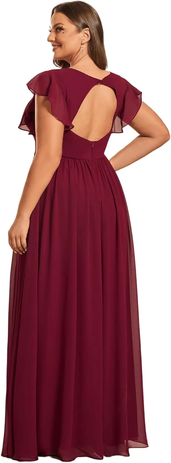 Ever-Pretty Plus Women's Summer Chiffon Ruffles Sleeve Pleated Back Cutout Plus Size Bridesmaid Dresses Formal Gowns