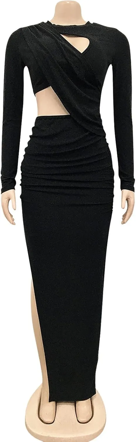 Famnbro Women's Sparkly Cut Out Dresses Wrap Ruched Bodycon High Split Cocktail Party Maxi Dress