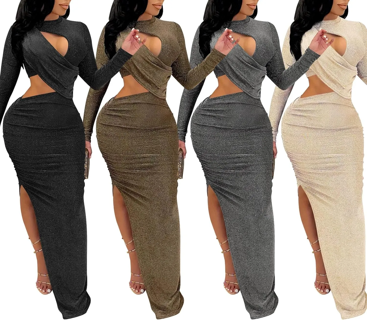 Famnbro Women's Sparkly Cut Out Dresses Wrap Ruched Bodycon High Split Cocktail Party Maxi Dress