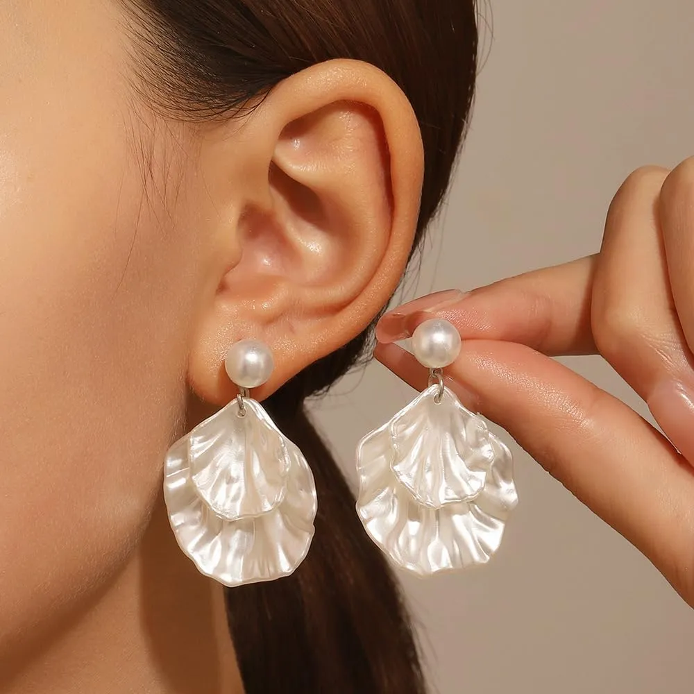 Fashion Pearl Sea Shell Dangle Earrings,Geometric Irregularity Conch Sea Shell Drop Earrings Simple Jewelry for Women Gifts
