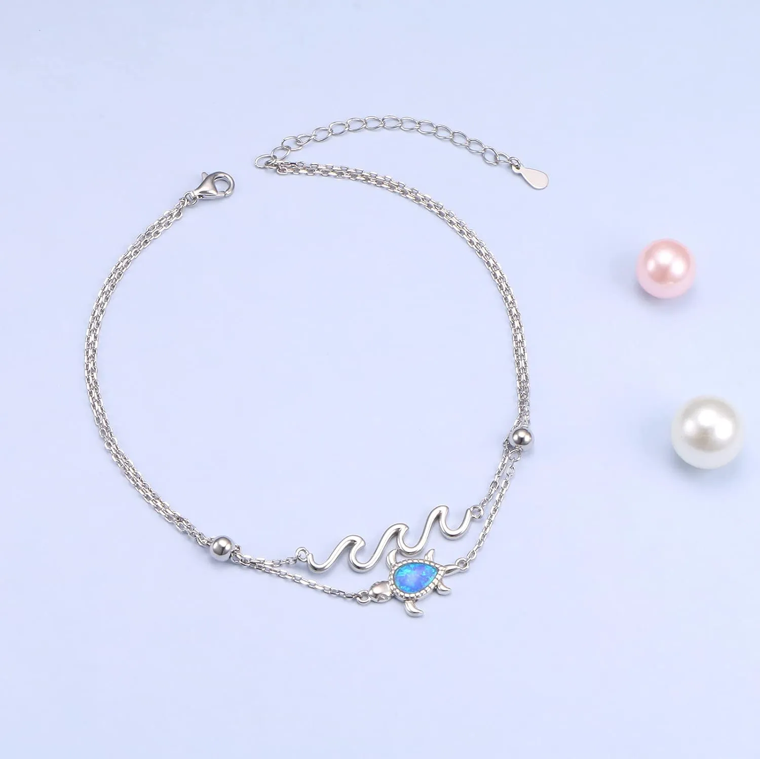 FLYOW Anklet for Women S925 Sterling Silver Adjustable Foot Beaded Heart Charm Ankle Bracelet Anklets Jewelry