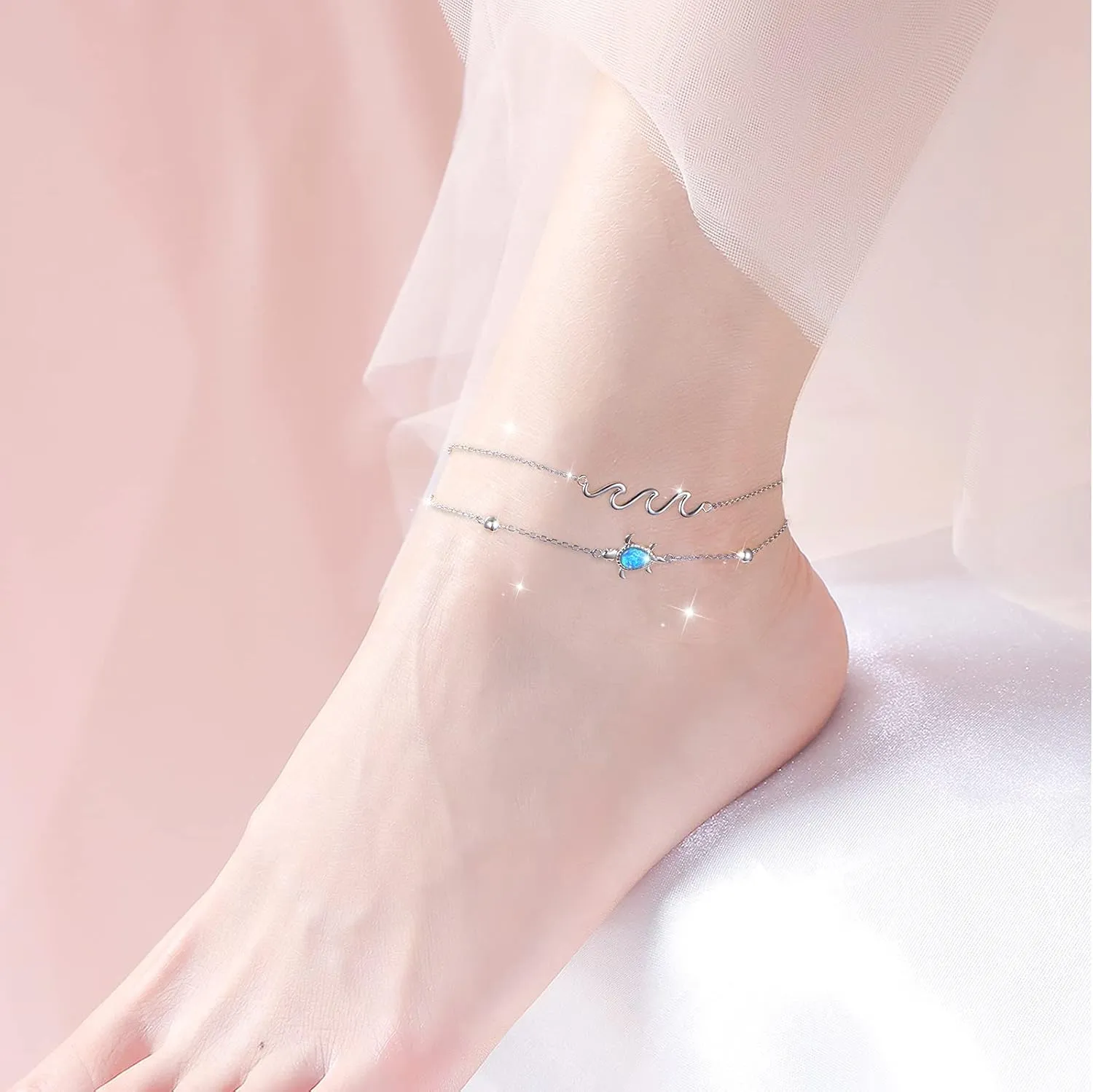 FLYOW Anklet for Women S925 Sterling Silver Adjustable Foot Beaded Heart Charm Ankle Bracelet Anklets Jewelry