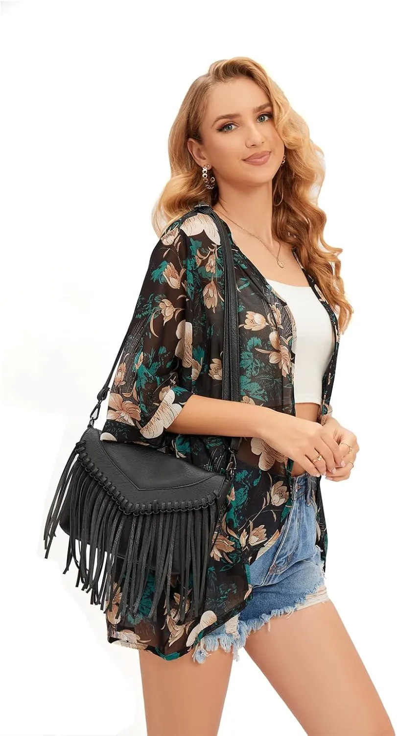Fringe Crossbody Purse for Women, Vintage Leather Western Boho Purse, Tassel Small Handbag Shoulder Bag