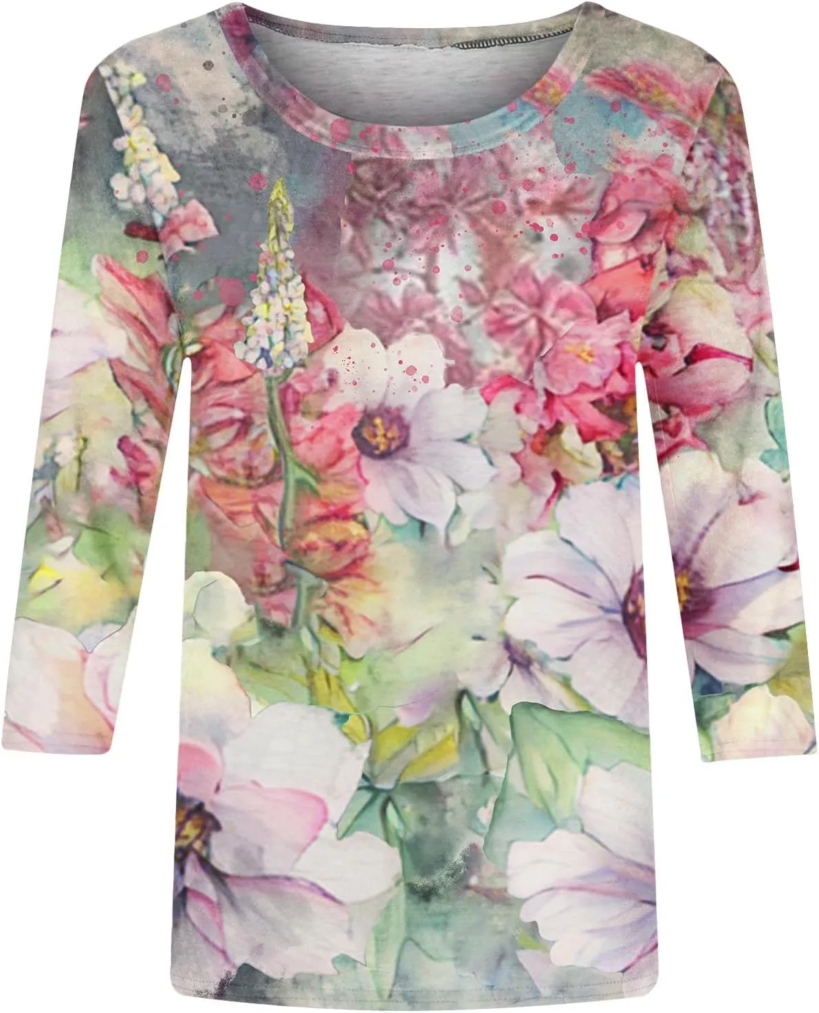 Generic Womens Tops Dressy Casual 3/4 Sleeve Shirts Summer Floral Three Quarter Length Blouse Loose Fit Crewneck Pullover Tee