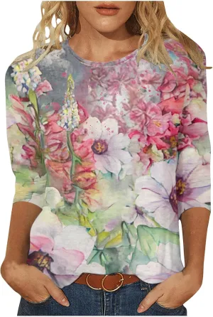 Generic Womens Tops Dressy Casual 3/4 Sleeve Shirts Summer Floral Three Quarter Length Blouse Loose Fit Crewneck Pullover Tee