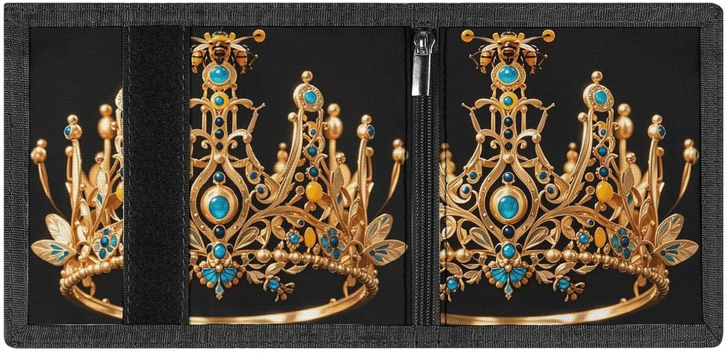 Gold Queen Bee Crown Trifold Wallets for Men Women Rfid Blocking Wallet Slim, 8 Card Slots 1 Note Compartments & 1 Id Window, Minimalist Front Pocket Wallets, Coin Zipper Pocket-Black