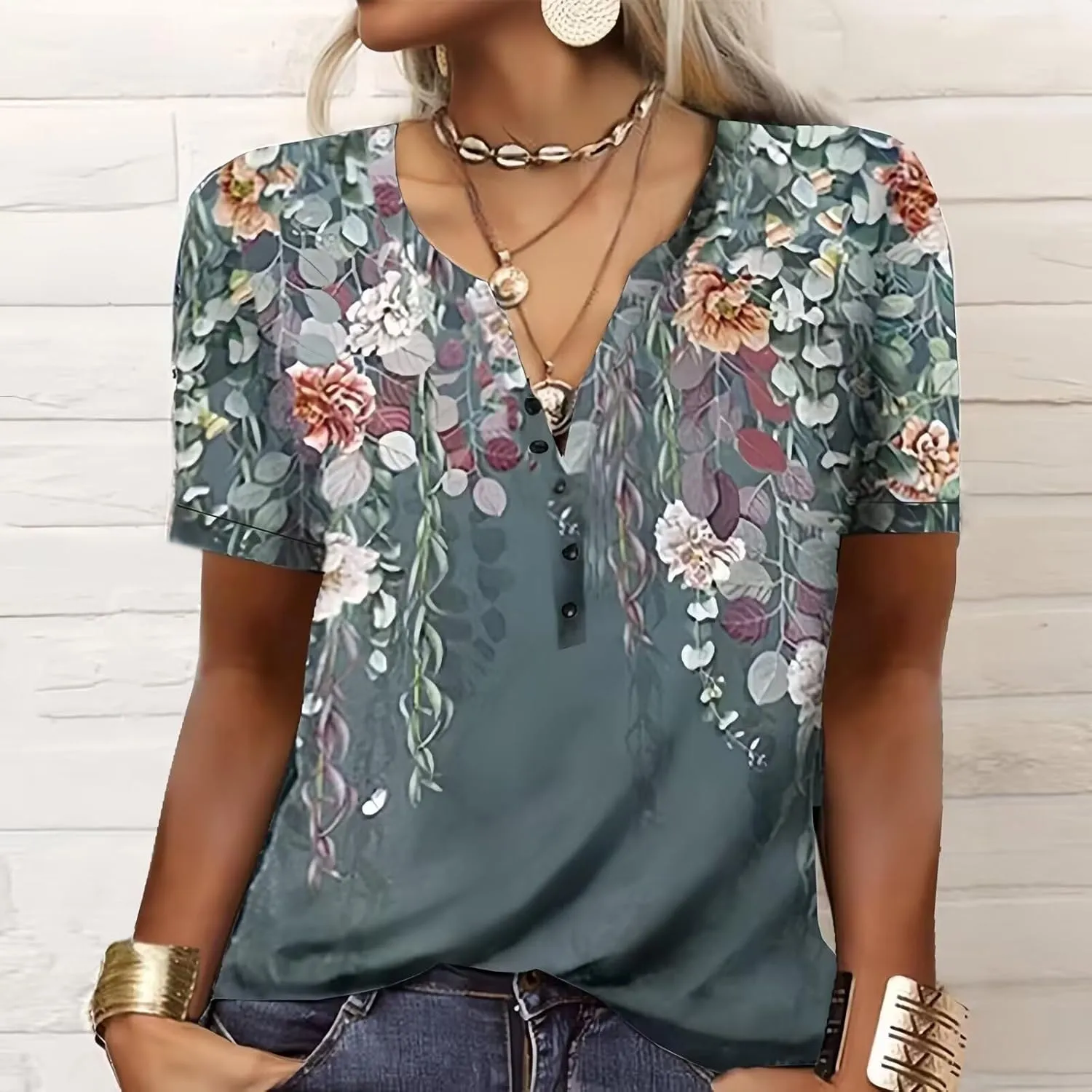 Graphic Tees for Women Short Sleeve Button Up V Neck 2025 Spring Hippie Top Western Casual Floral Boho Shirts