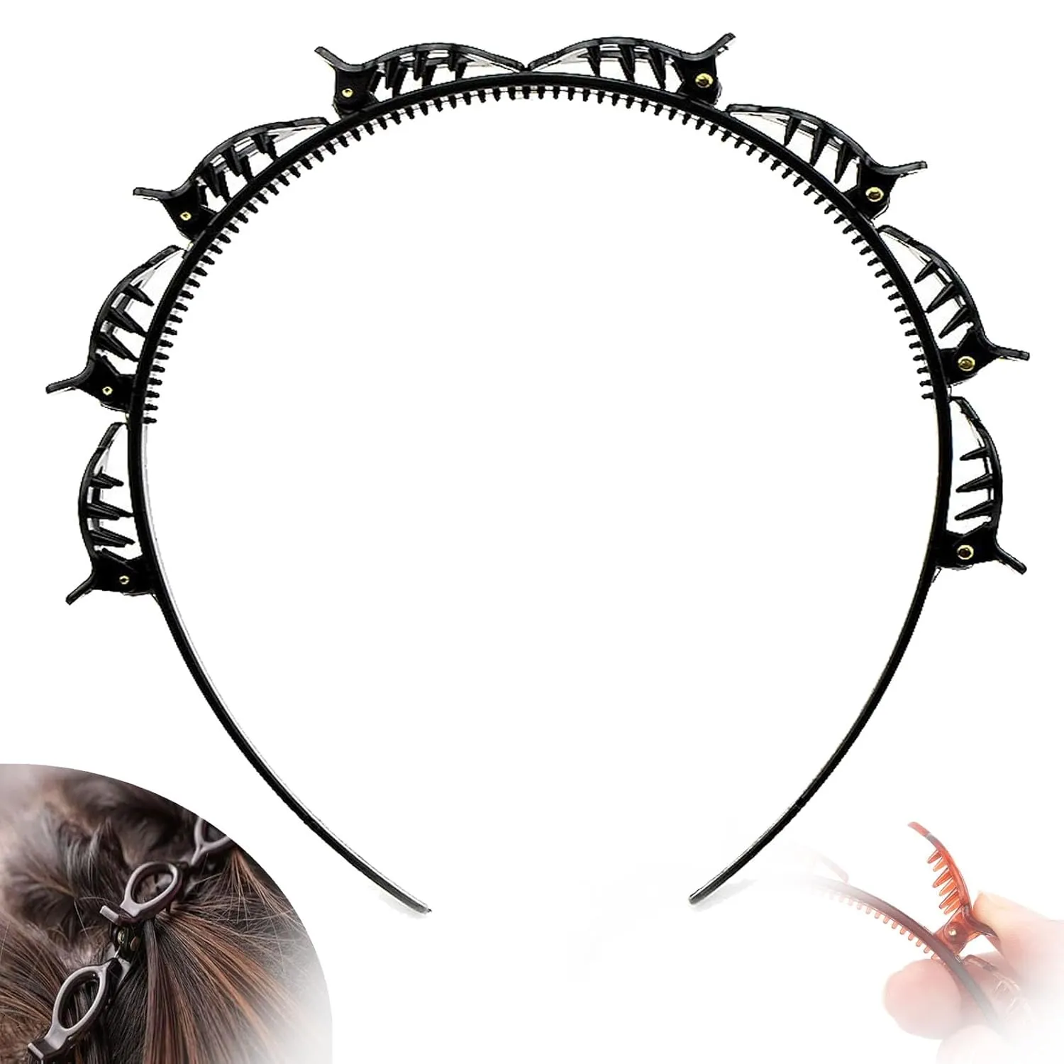 Hairband with Clips, Professional Weave Bangs Clip, Headband with Clips, Hairpin Headbands For Women, Toothed Headband Braid Tool, Hollow Layer Plait Hair Pin Headband (black)