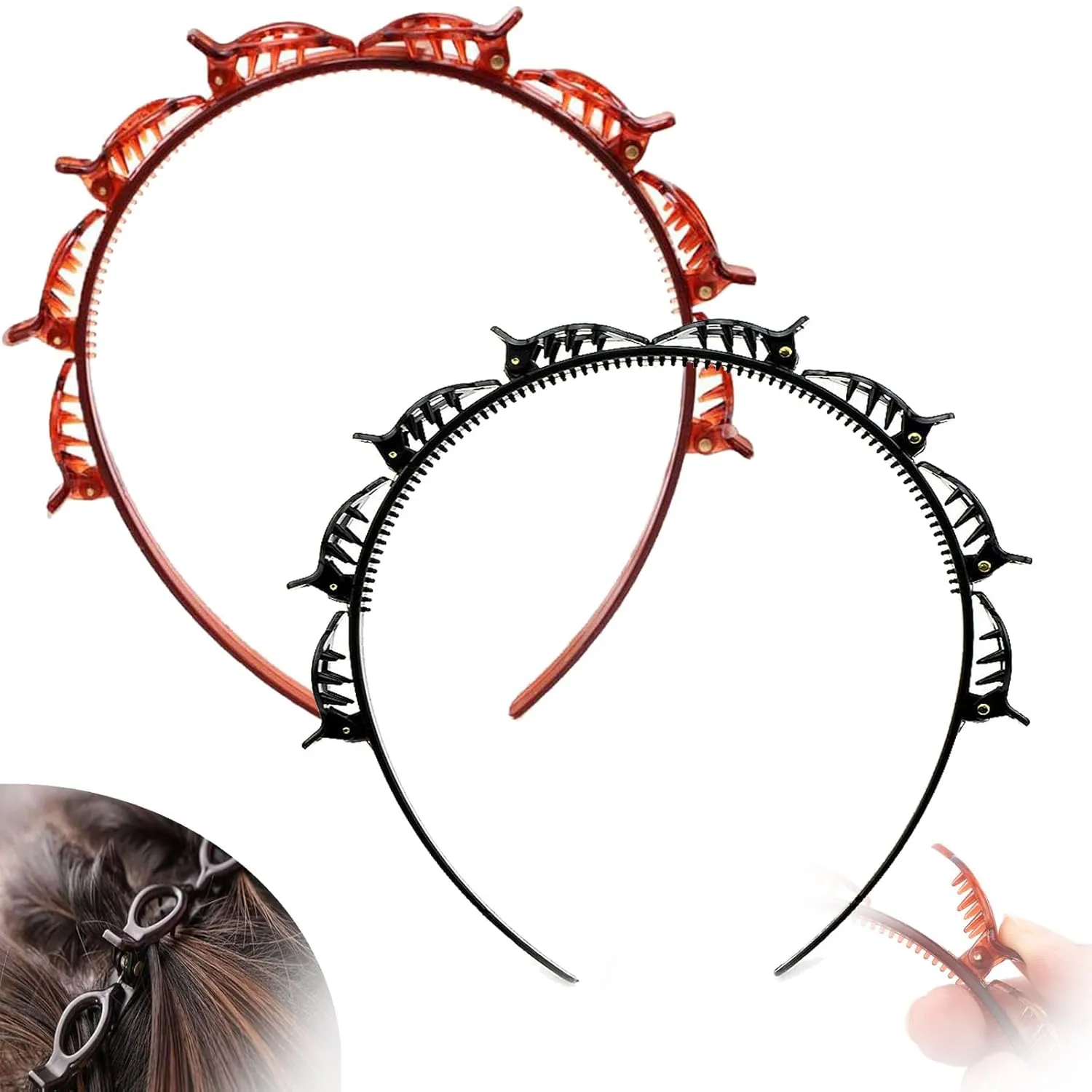 Hairband with Clips, Professional Weave Bangs Clip, Headband with Clips, Hairpin Headbands For Women, Toothed Headband Braid Tool, Hollow Layer Plait Hair Pin Headband (mix)