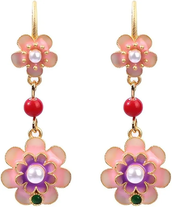 Handmade Vintage Drop Earrings 24K Gold Plated Silver Pearl Inlaid Pink Flower Vintersweet Pendant Dangle Eardrop