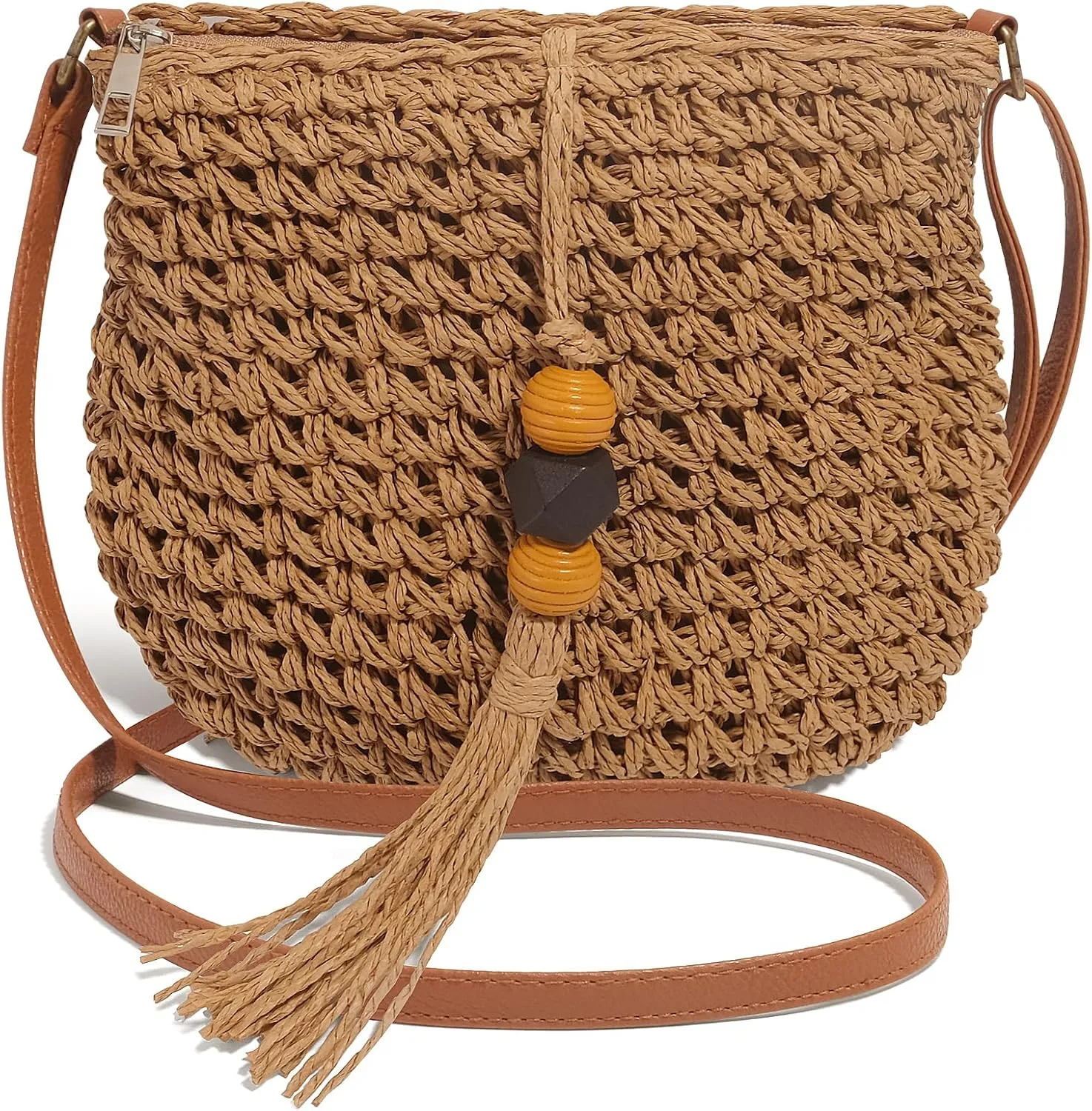 Handwoven Straw Bag for Women Vacation, Boho Beach Purse for Summer Wicker Crossbody Purse with Tassels