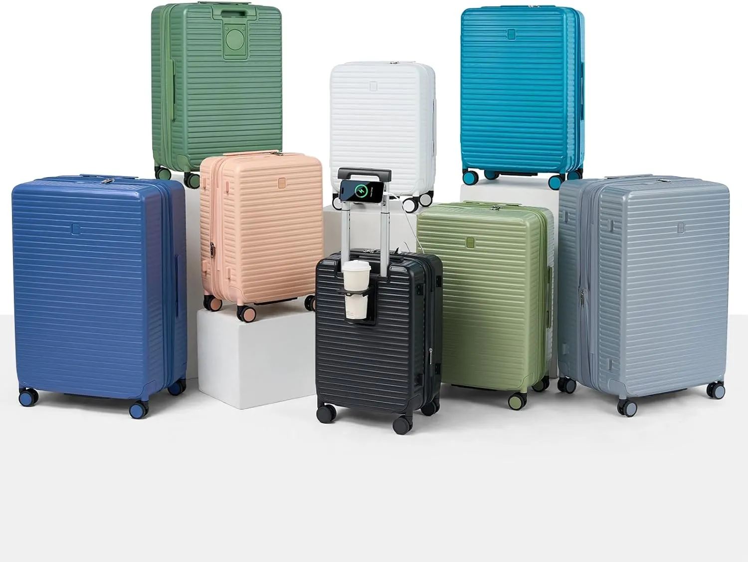 Hard Shell 20 Inch Carry on Luggage Expandable Travel Luggage, TSA Approved Luggage with Cup Holder Charger Built in, Lightweight Small Suitcases with Wheels, Bamboo Green