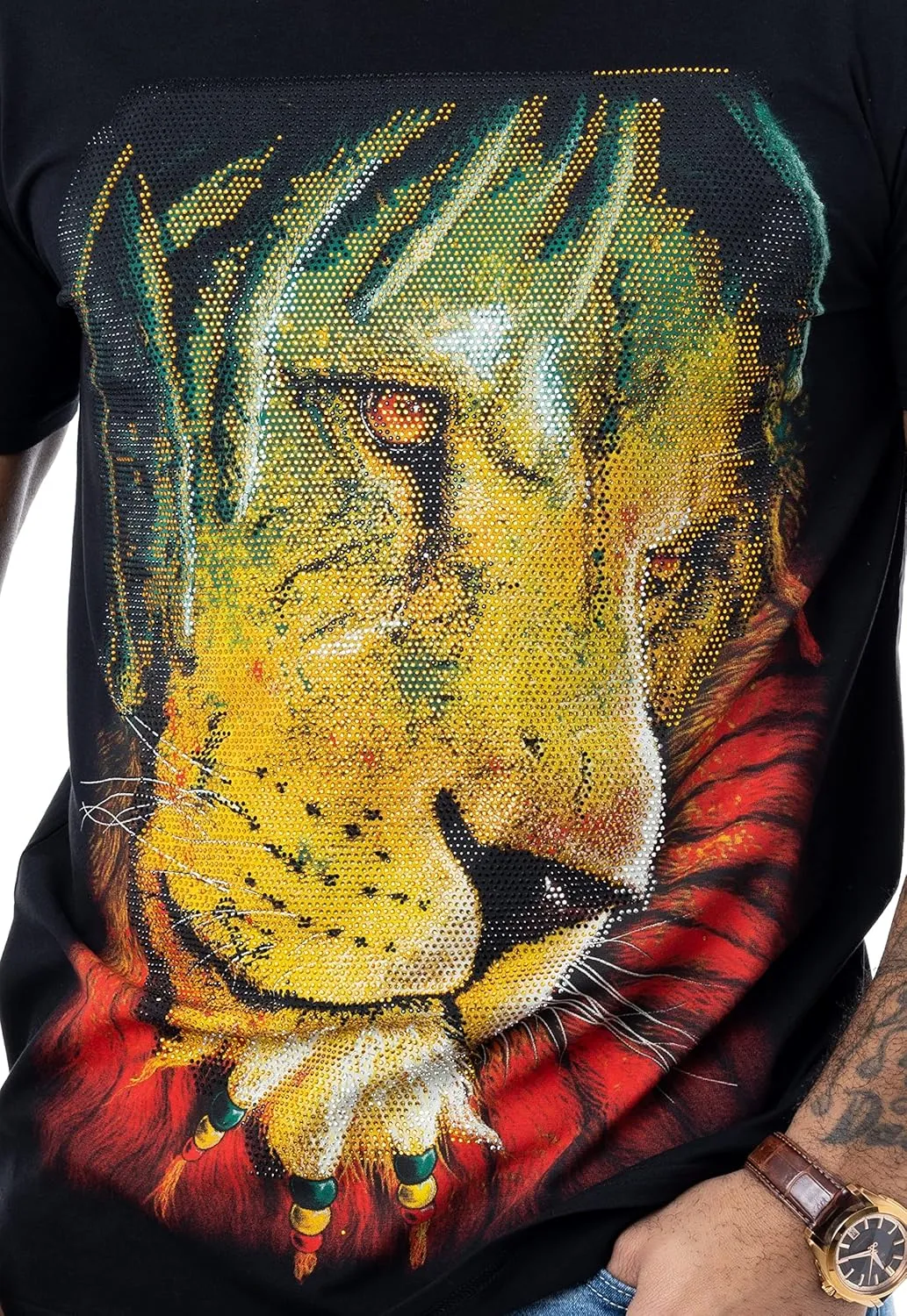 HEADS OR TAILS Mens Graphic T-Shirts with Rhinestones, Animal Design Bling Stone Studded, Slim Fit Knit Cool T Shirts for Men
