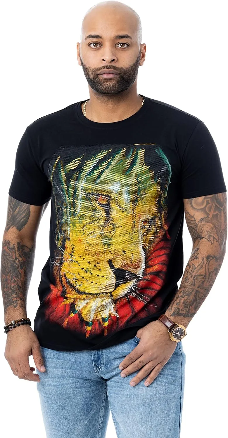 HEADS OR TAILS Mens Graphic T-Shirts with Rhinestones, Animal Design Bling Stone Studded, Slim Fit Knit Cool T Shirts for Men