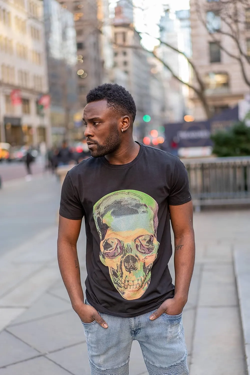 HEADS OR TAILS Mens Graphic T-Shirts w/Rhinestones, Skull Printed Bling Stone Studded, Slim Fit Knit Cool T Shirts for Men