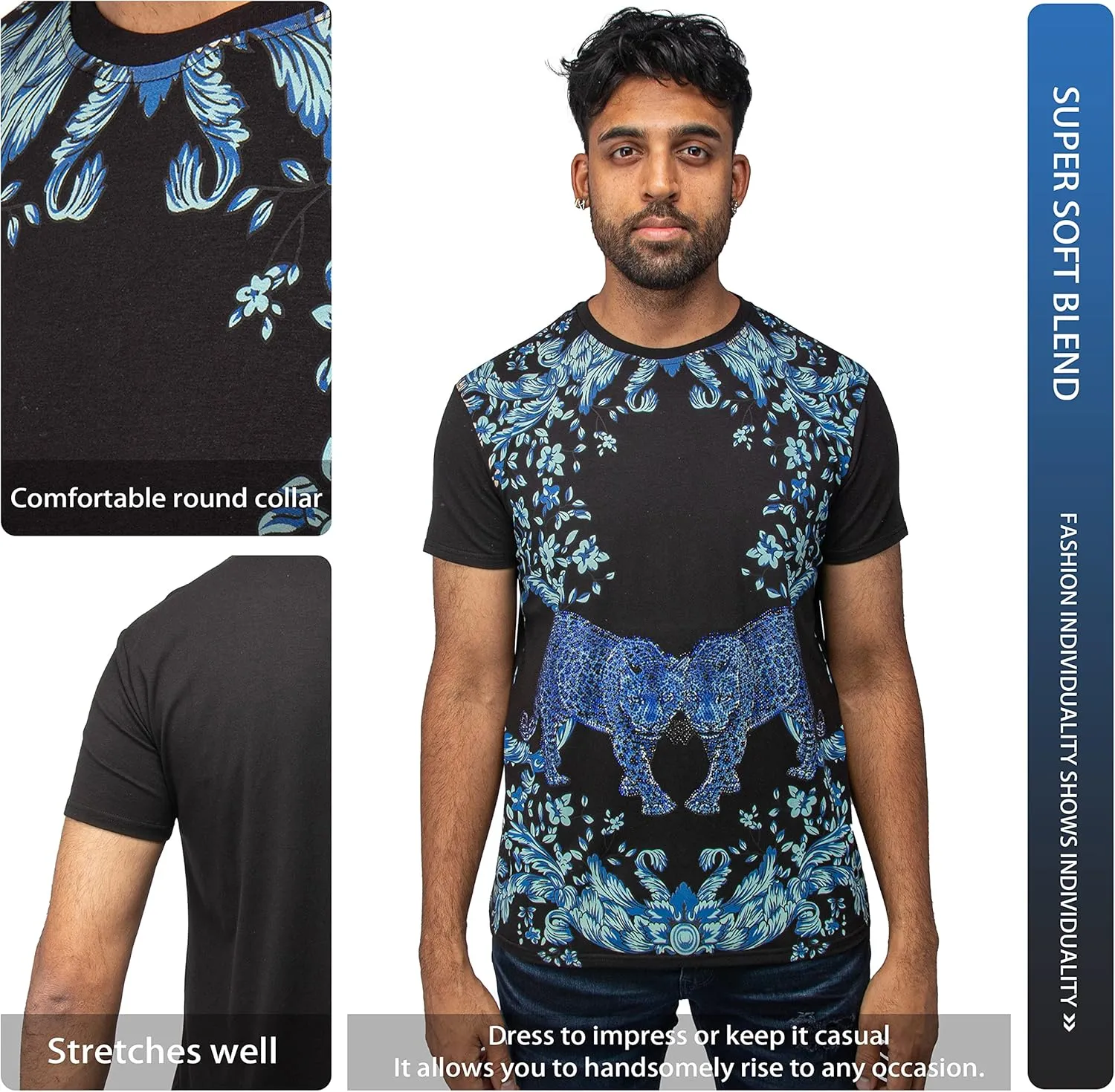 HEADS OR TAILS Mens Graphic T-Shirts w/Rhinestones, Skull Printed Bling Stone Studded, Slim Fit Knit Cool T Shirts for Men