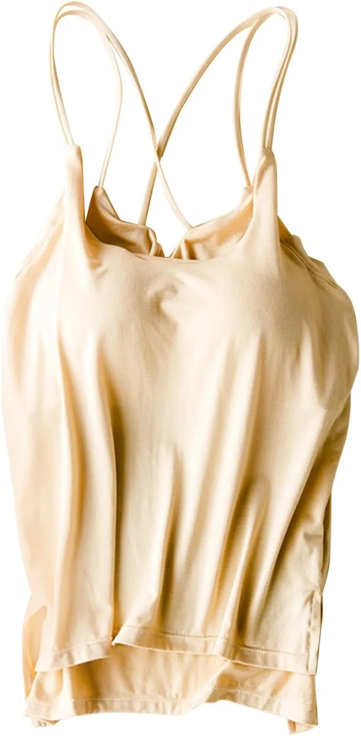 Heevina Tank Tops with Built in Bras for Women Back Criss Cross Camisole Spaghetti Strap Cami Undershirts Shelf Bra