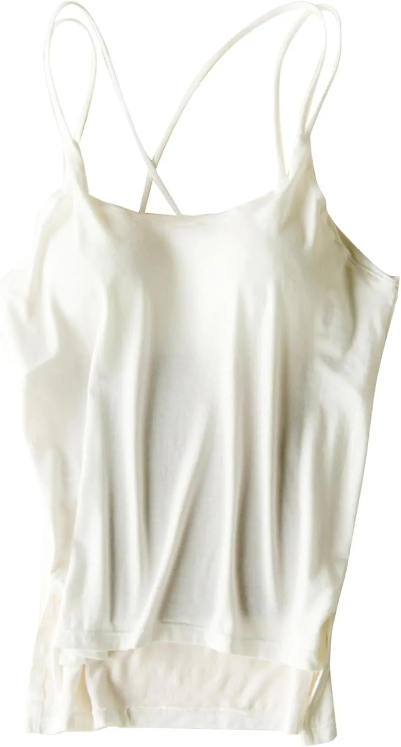 Heevina Tank Tops with Built in Bras for Women Back Criss Cross Camisole Spaghetti Strap Cami Undershirts Shelf Bra