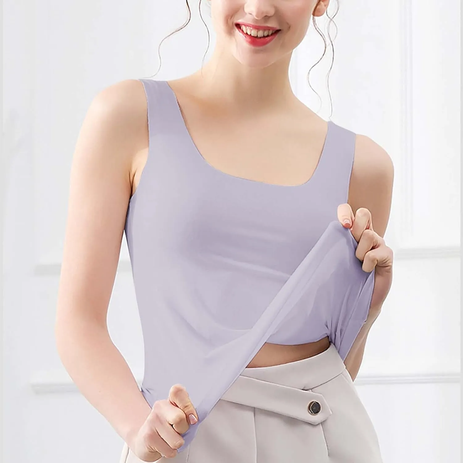 Heevina Tank Tops With Built In Bras For Women Seamless Camisole Undershirts Vest Spaghetti Strap Shelf Bra Shirt
