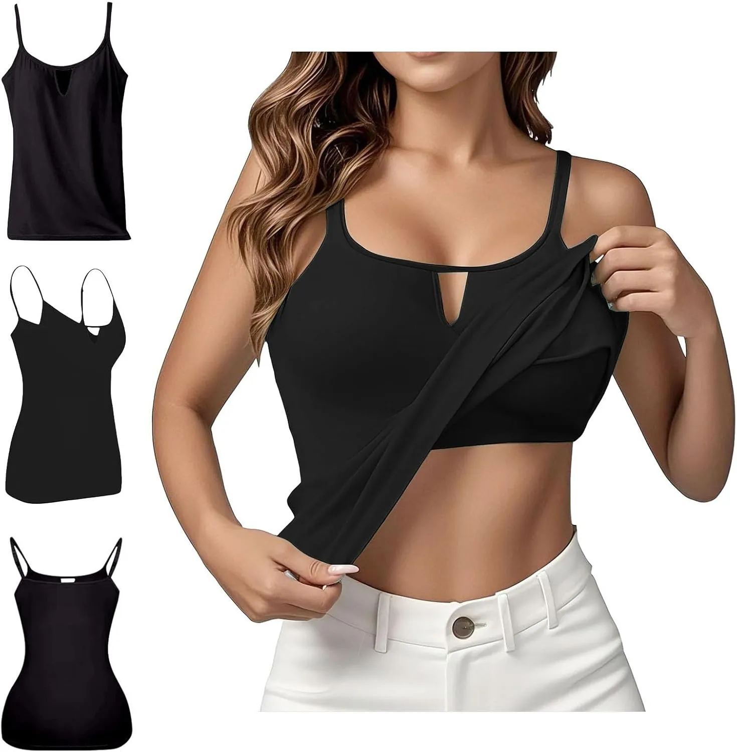 Heevina Tank Tops with Built in Bras Hollow Out Camisole for Women Cami Solid Color Vest Casual Summer