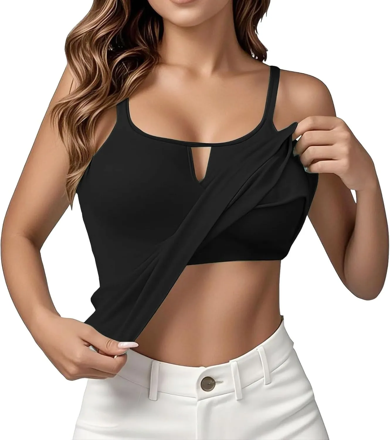 Heevina Tank Tops with Built in Bras Hollow Out Camisole for Women Cami Solid Color Vest Casual Summer