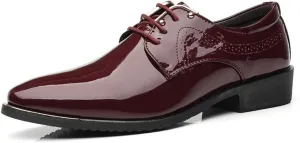 HOOENG Oxford Dress Shoes for Men Lace Up Snip Toe Patent Leather Derby Shoes Vegan Leather Slip Resistant Rubber Sole Non Slip Anti-Slip Party (Color : Wine red, Size : 6.5)