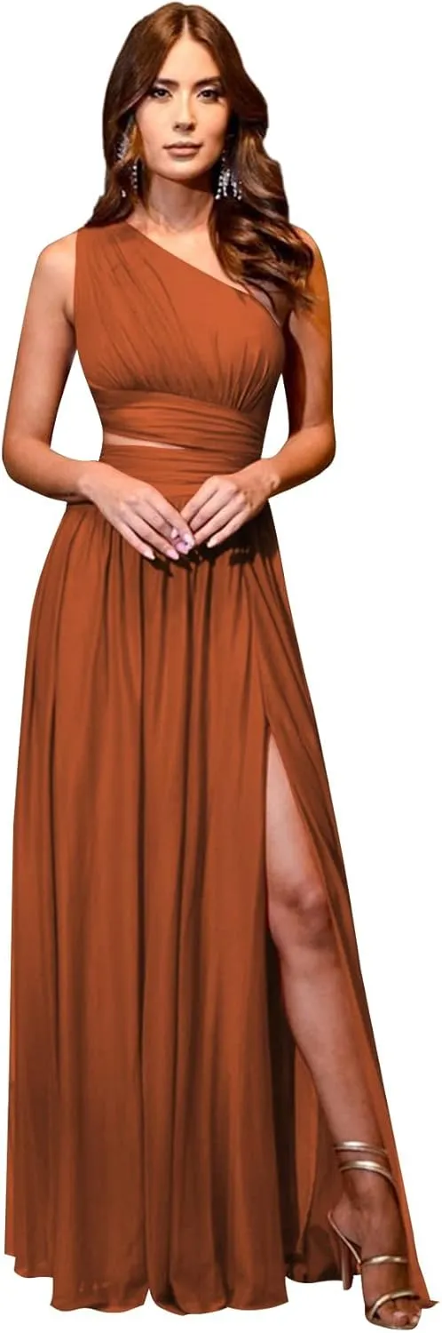 HUUTOE One Shoulder Bridesmaid Dresses for Wedding Long with Slit Chiffon Pleated Formal Evening Dress with Pockets