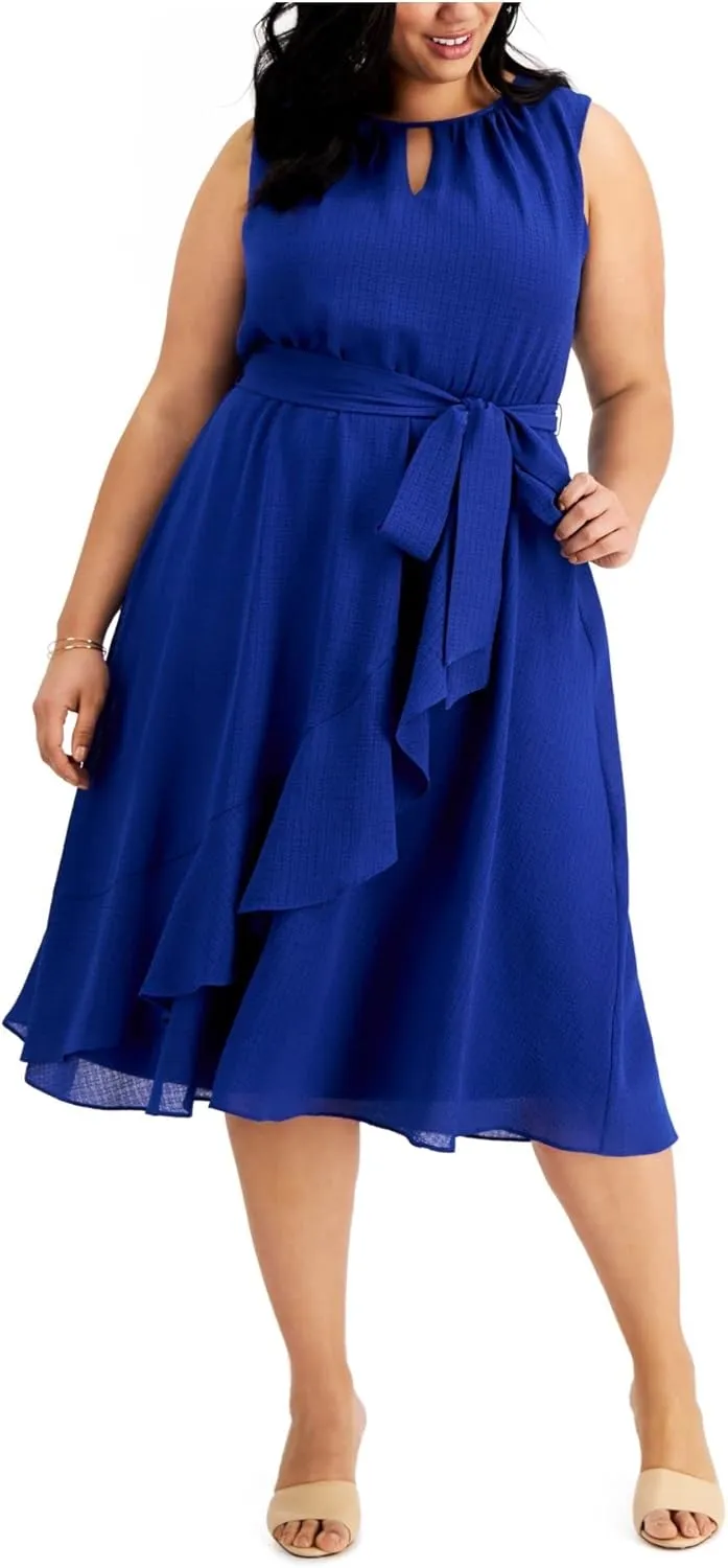 Jessica Howard Women's Plus Size Satin Keyhole Midi Dress with Faux Wrap Skirt and Sash