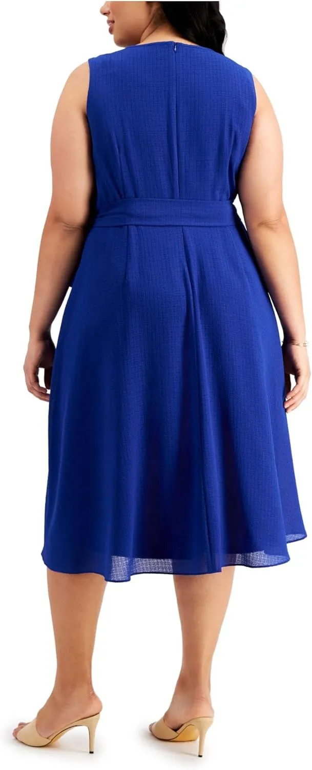 Jessica Howard Women's Plus Size Satin Keyhole Midi Dress with Faux Wrap Skirt and Sash