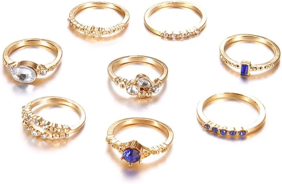 Jewelry Ring Love Rings 8Pcs Women Fashion Rhinestone Inlaid Slim Midi Stacking Above Knuckle Rings Set Wedding Band Best Gifts for Love with Valentine's Day (Golden,One Size)