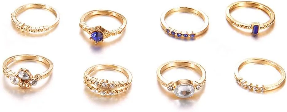 Jewelry Ring Love Rings 8Pcs Women Fashion Rhinestone Inlaid Slim Midi Stacking Above Knuckle Rings Set Wedding Band Best Gifts for Love with Valentine's Day (Golden,One Size)